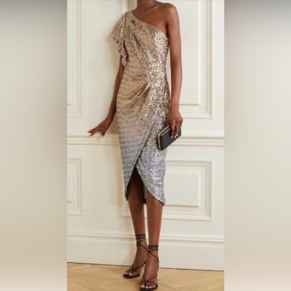 NWT MARCHESA Ombre Sequin One-Shoulder Flutter Sleeve Dress-size 6-Gold Silver